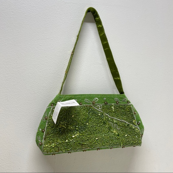 NWT World Finds Green Indian Sari Bowling Handmade Beaded Handbag - Picture 7 of 15